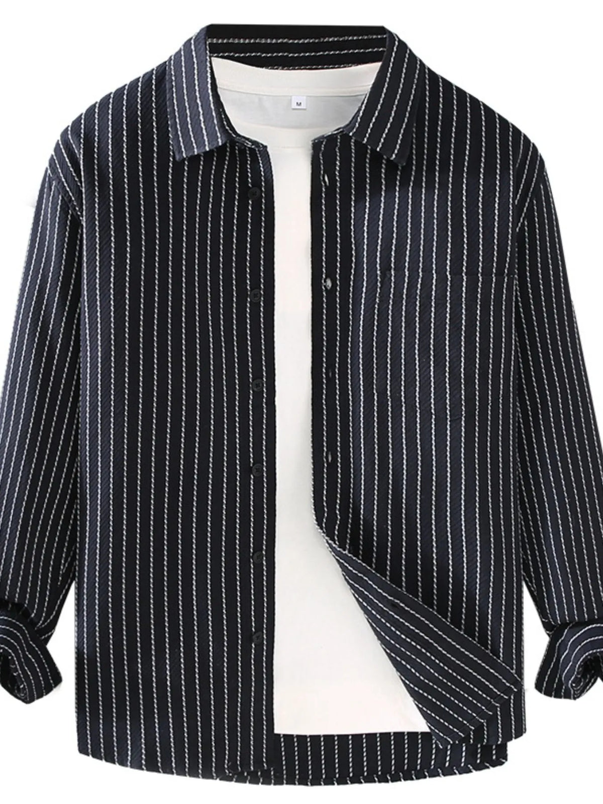 Black pinstriped long-sleeve shirt front with button-down collar