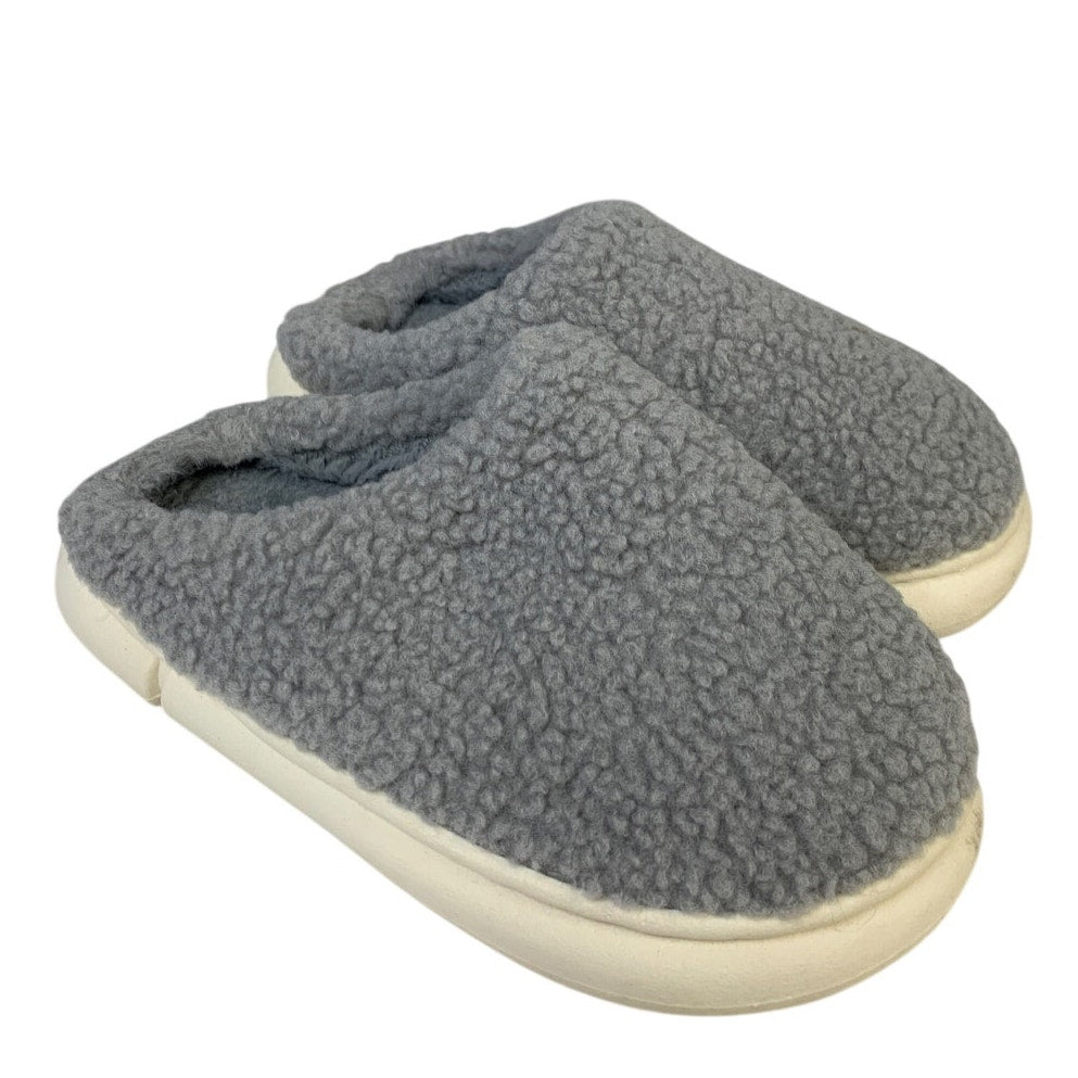 Gray fuzzy slip-on slippers with open heel collar and cream edge trim