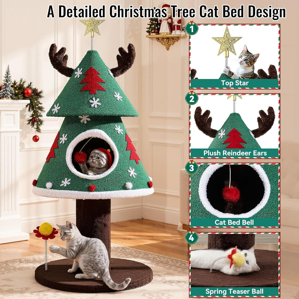 Christmas cat tree with star topper, plush antlers, hanging bed bell and teaser toy