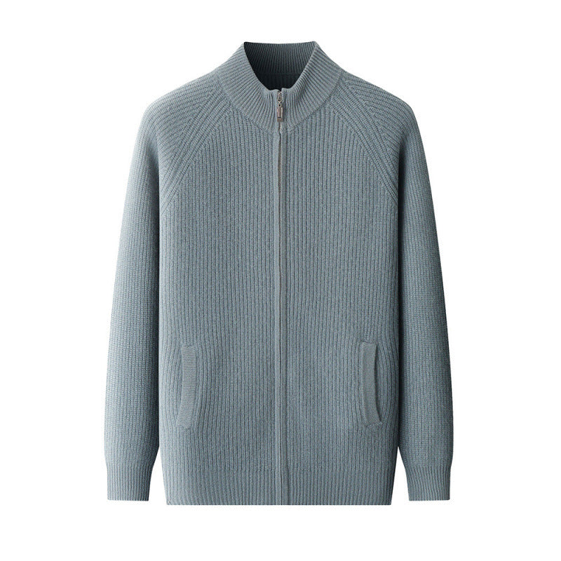 Men's half-turtleneck zipper knit cardigan, slate blue with ribbed knit texture