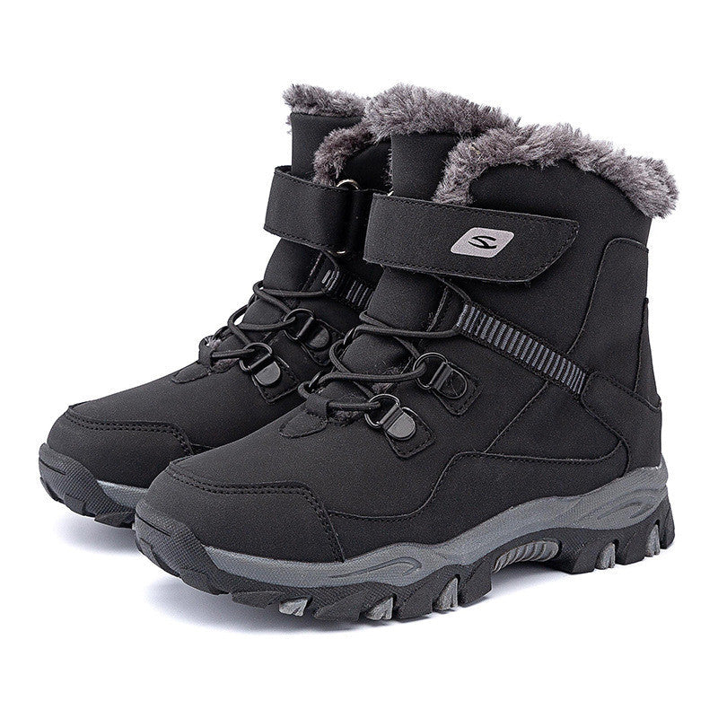 Black kids winter boots with faux-fur lining, two side straps, lace-up front, tread sole