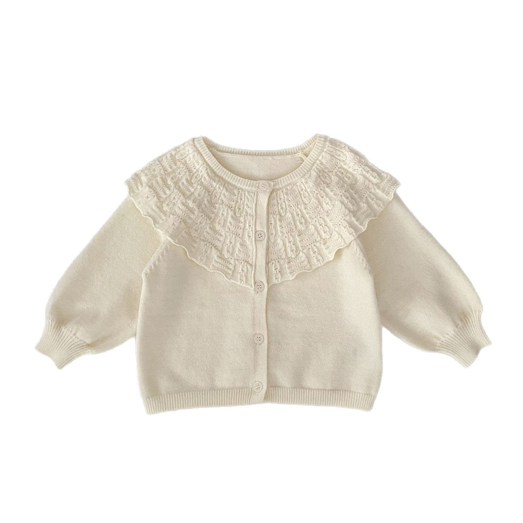 Cream baby knitted coat, button-front cardigan with ruffled high collar