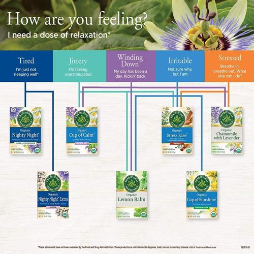 Traditional Medicinals tea assortment featuring Nighty Night product cards on white background