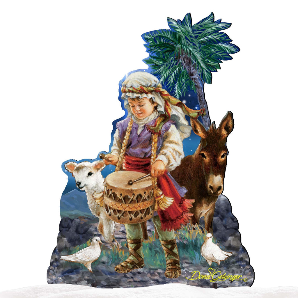 Little drummer boy nativity decor with drum, cow, donkey, lamb, and blue palm tree