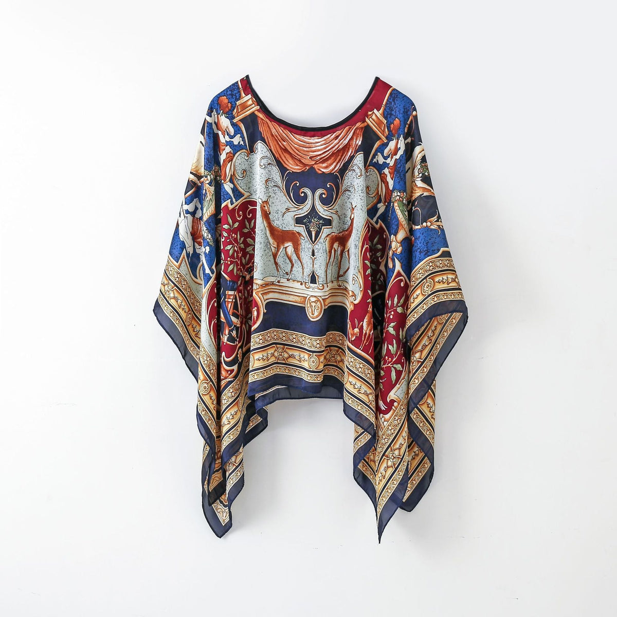Women's baroque animal print pullover shawl with batwing sleeves, blue red and gold
