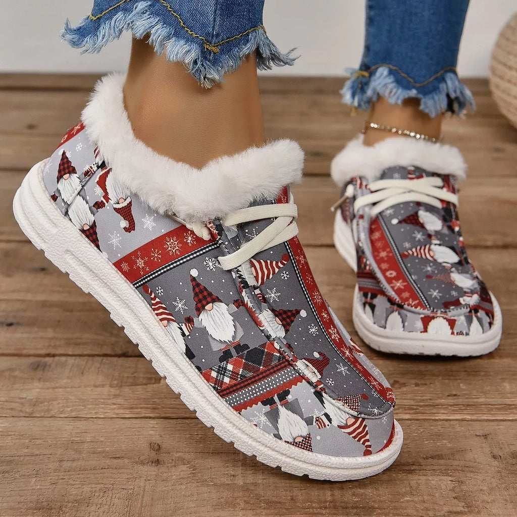 Pair of Christmas print sneakers with faux fur collar, laces, and white sole