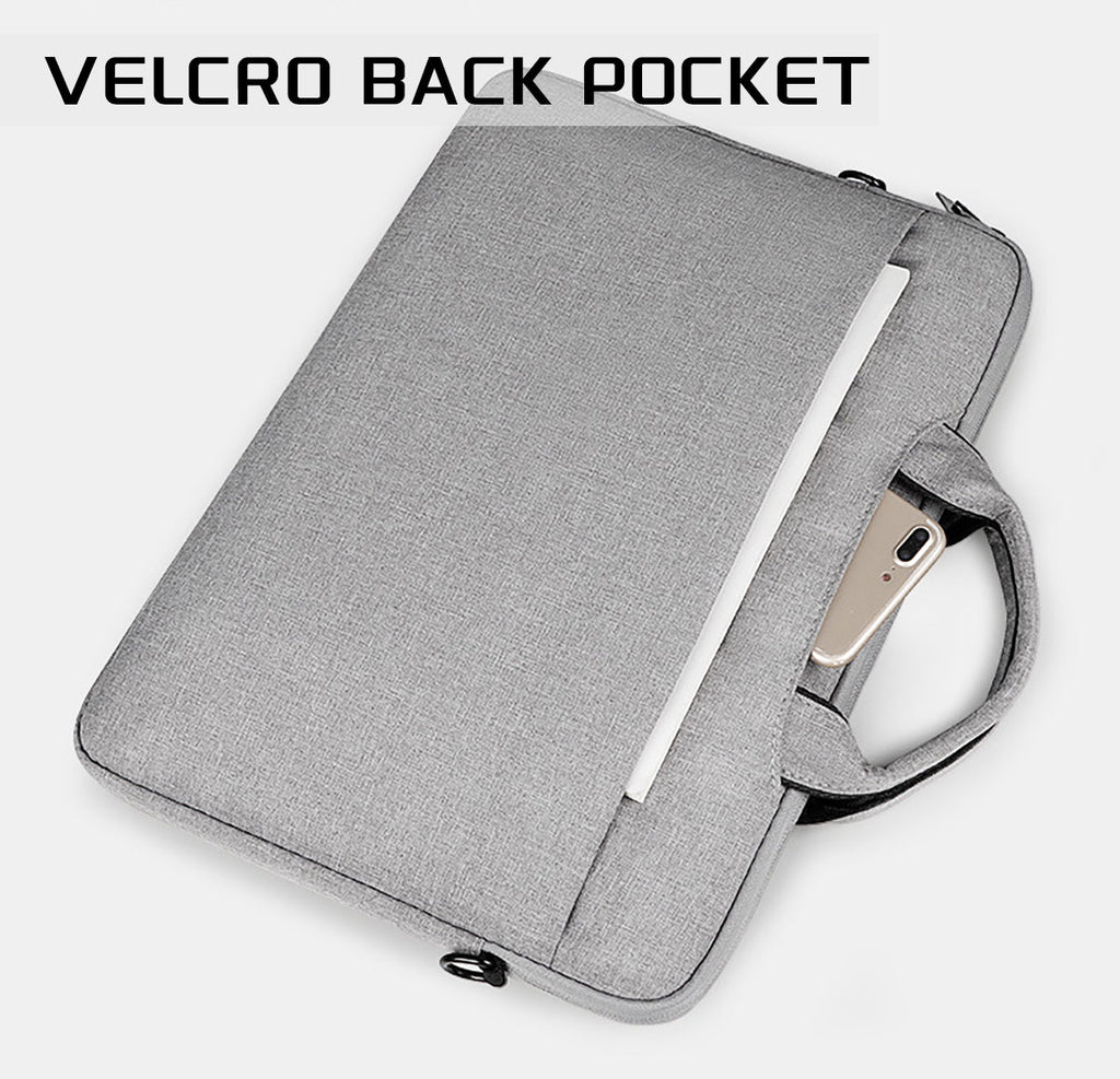 Gray laptop bag with back Velcro pocket and adjustable shoulder strap