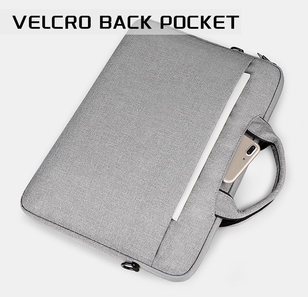 Gray laptop bag with back Velcro pocket and adjustable shoulder strap