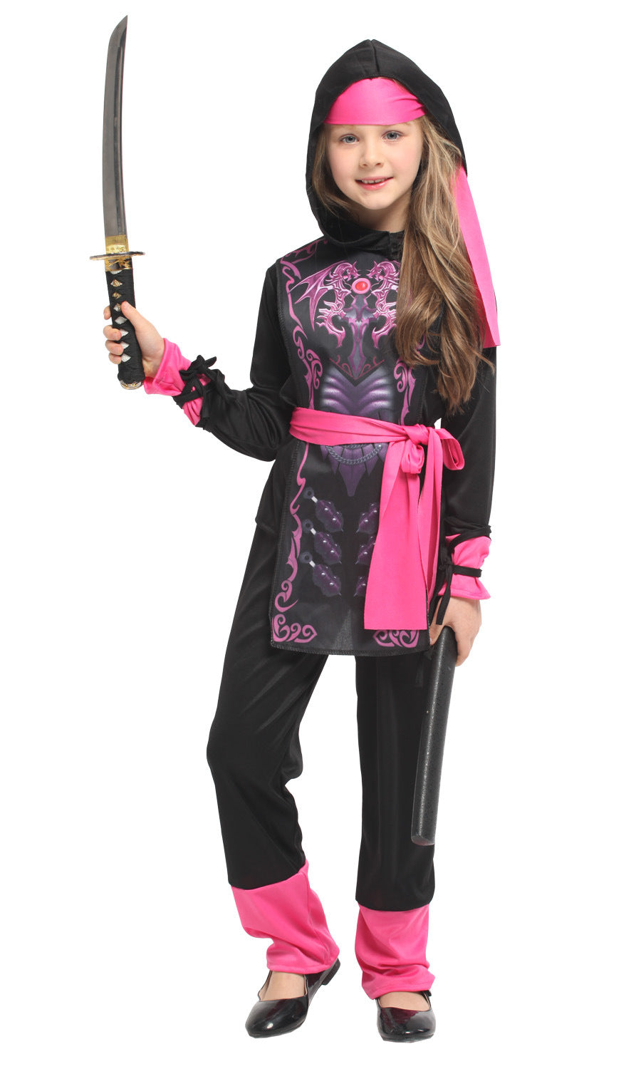 Kids' full-body black samurai costume with pink accents, holding sword up