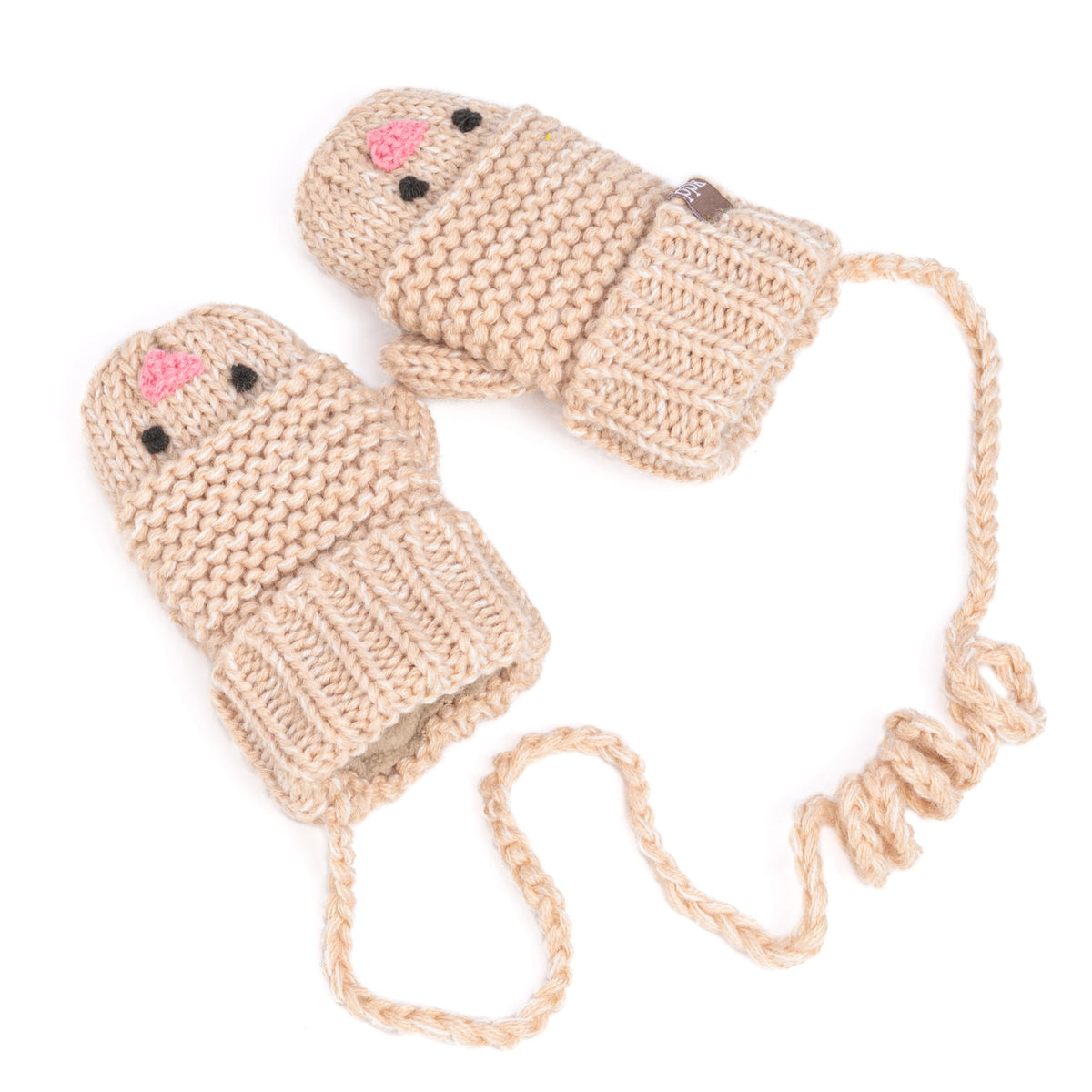 Two natural taupe knit chick mittens with cord ties and stitched chick face details.