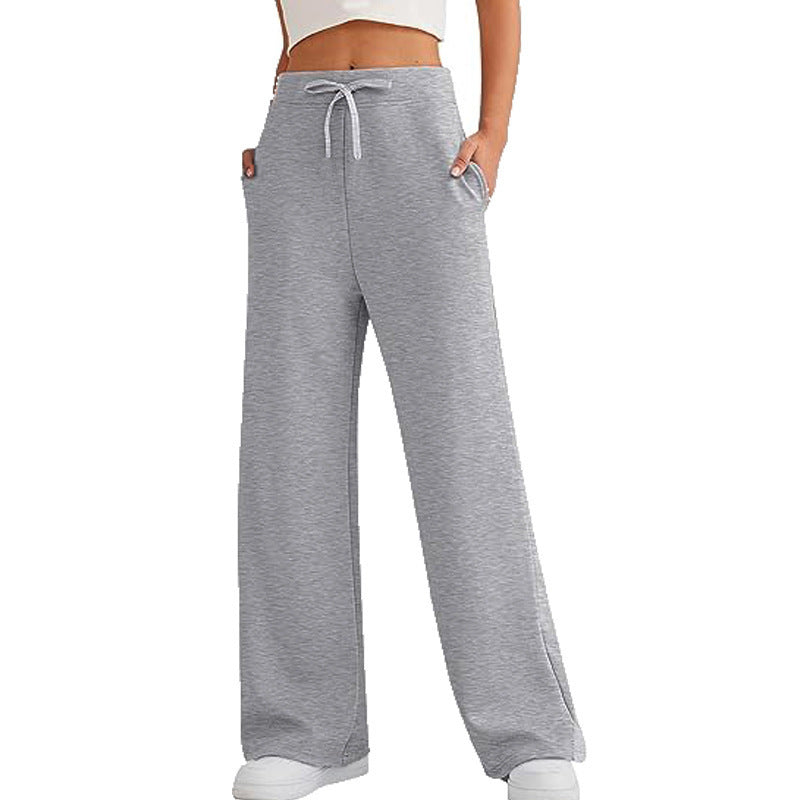 Women's heather gray wide-leg pants with elastic drawstring waist and side pockets