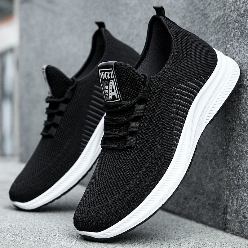 Black mesh knit casual sneakers with lace-up and white rubber sole