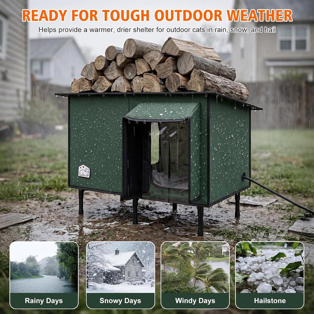 Green raised outdoor cat house with covered entrance and clear flap in wet weather