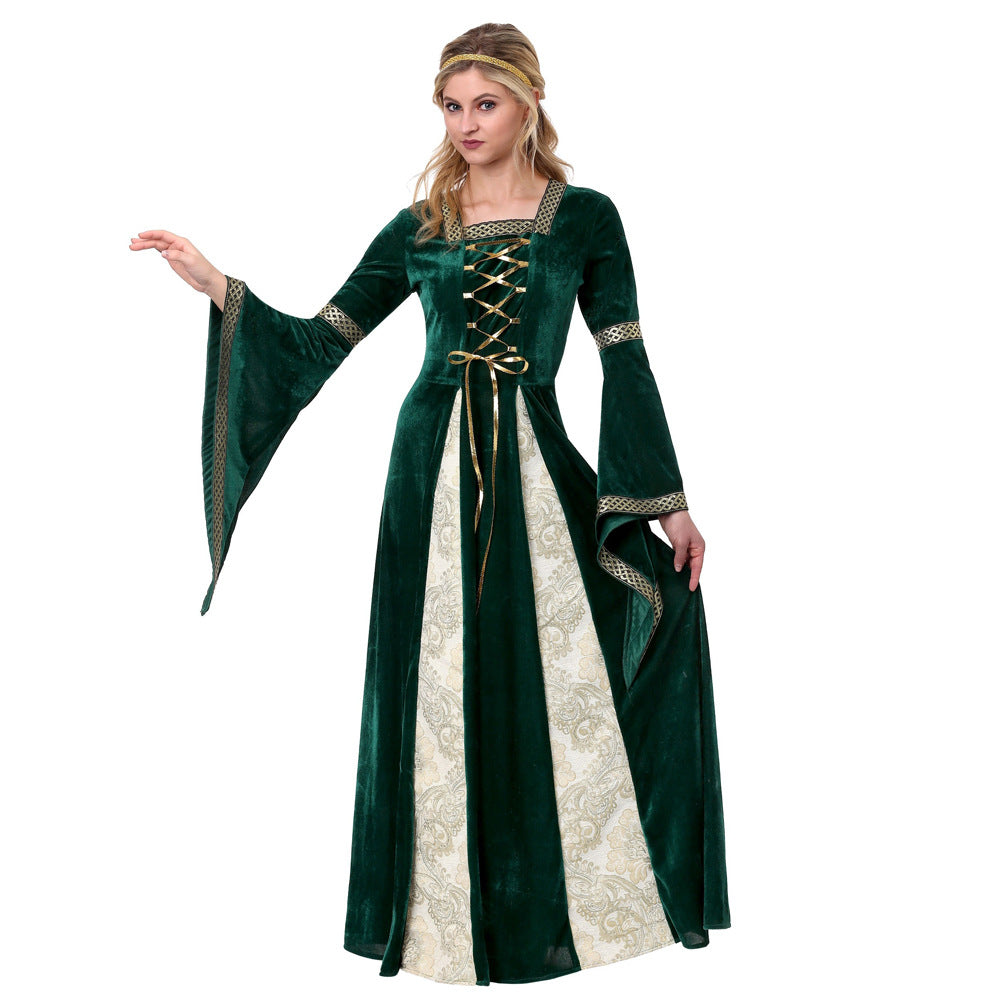 Green princess queen costume dress with gold lace-up front and cream trim panels