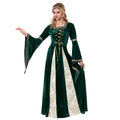 Green princess queen costume dress with gold lace-up front and cream trim panels