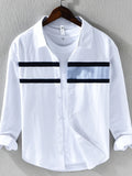 Men's striped button-down shirt in white with dark blue chest stripe bands