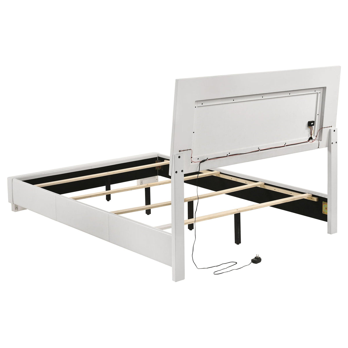 White high-gloss bed base with adjustable slats and exposed wiring