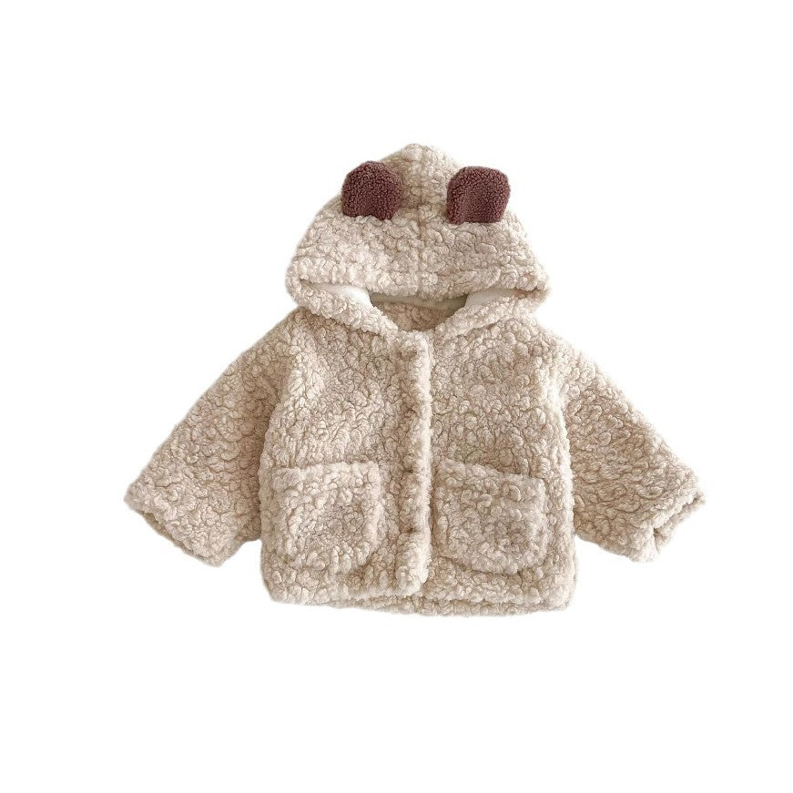 Cream teddy jacket for toddler with bear-ear hood and zip front