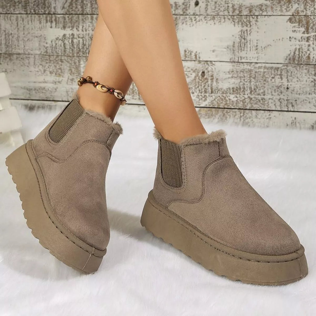 Taupe suede platform ankle boots with round toe and elastic side gore