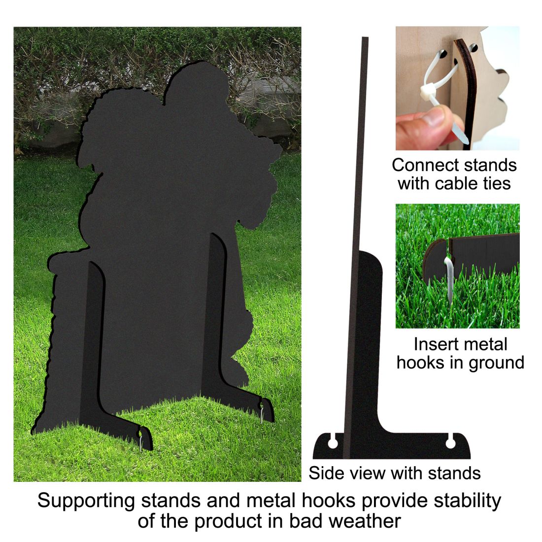 Black gnome yard stake silhouette with metal stand, cable ties, and ground hooks