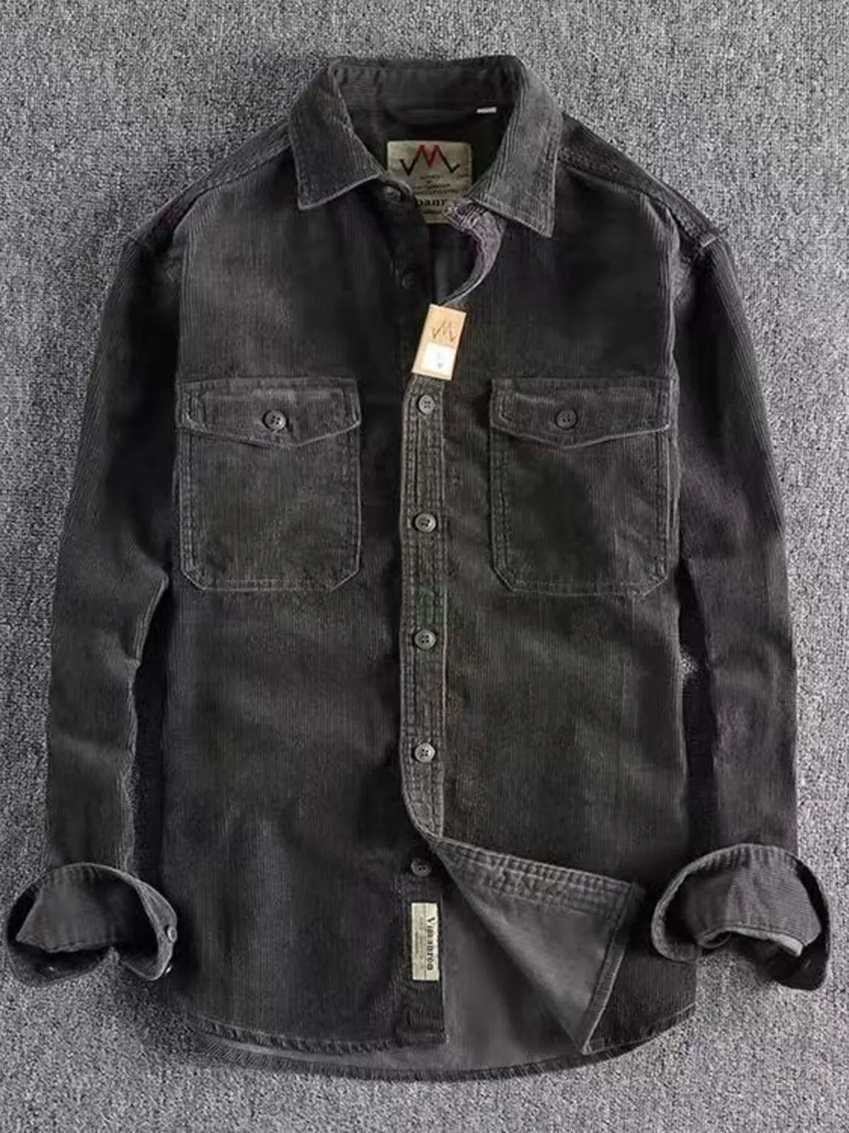 Men’s corduroy long-sleeve button-up shirt, dark gray-black with two chest pockets