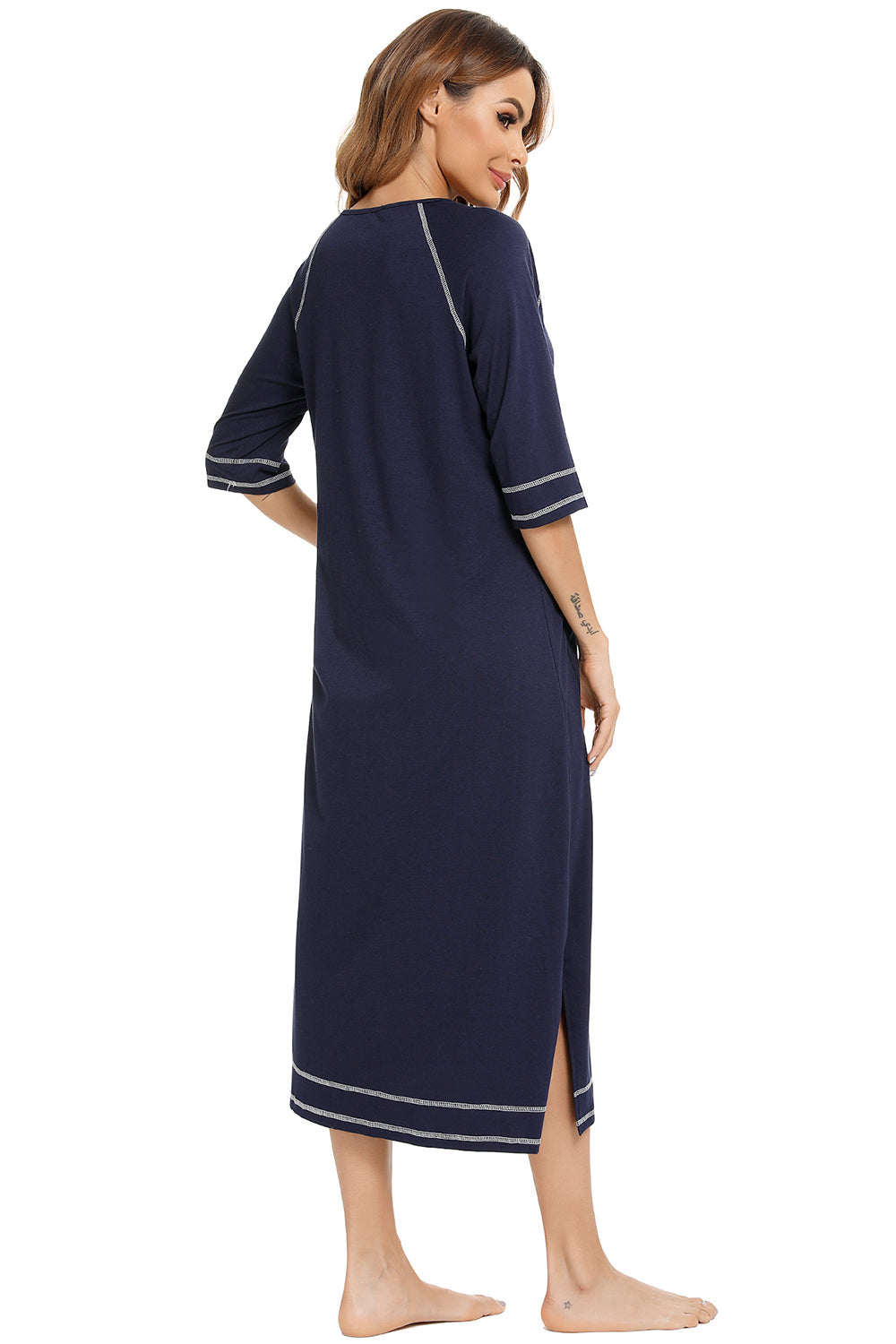 Dark navy zip-up round neck night dress, back view with contrast trim and side slit