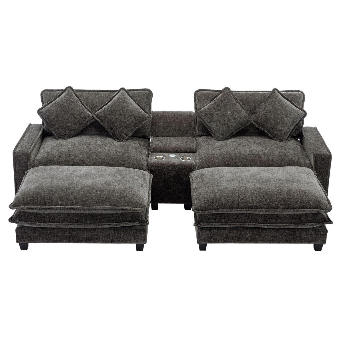 Dark gray sectional sofa with removable ottomans and four throw pillows