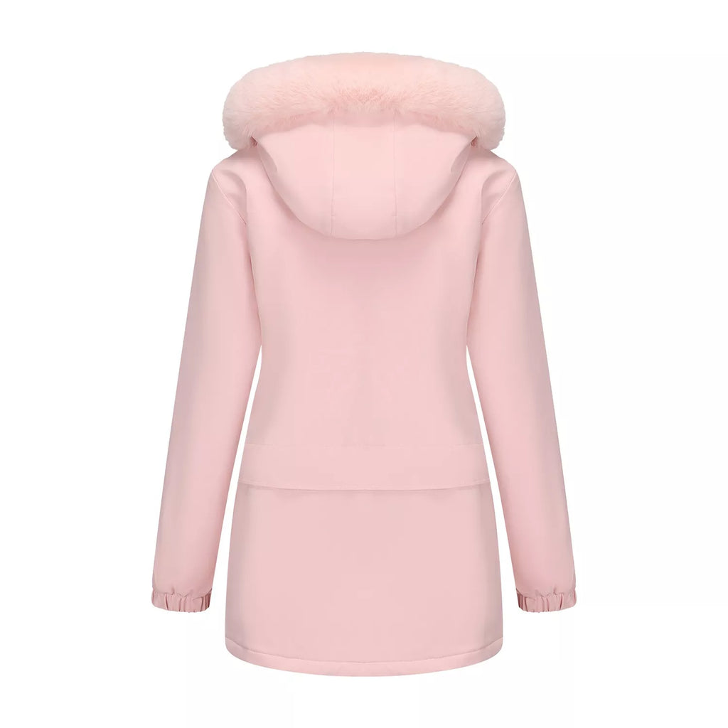 Pink hooded winter parka back view with faux-fur trimmed hood and full-length sleeves