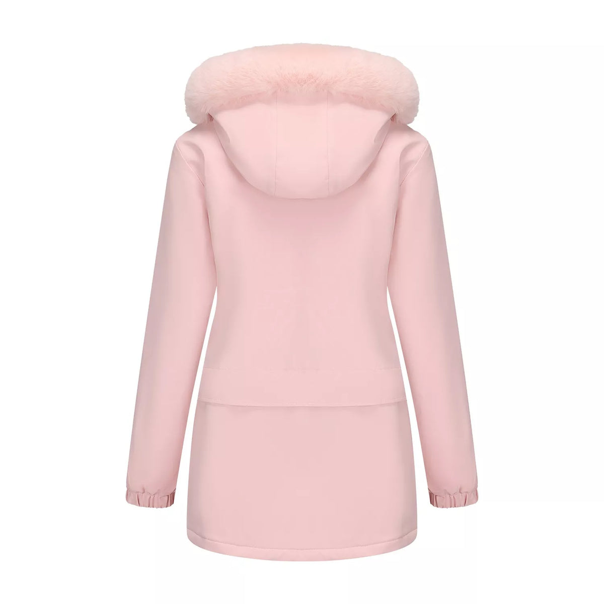 Pink hooded winter parka back view with faux-fur trimmed hood and full-length sleeves
