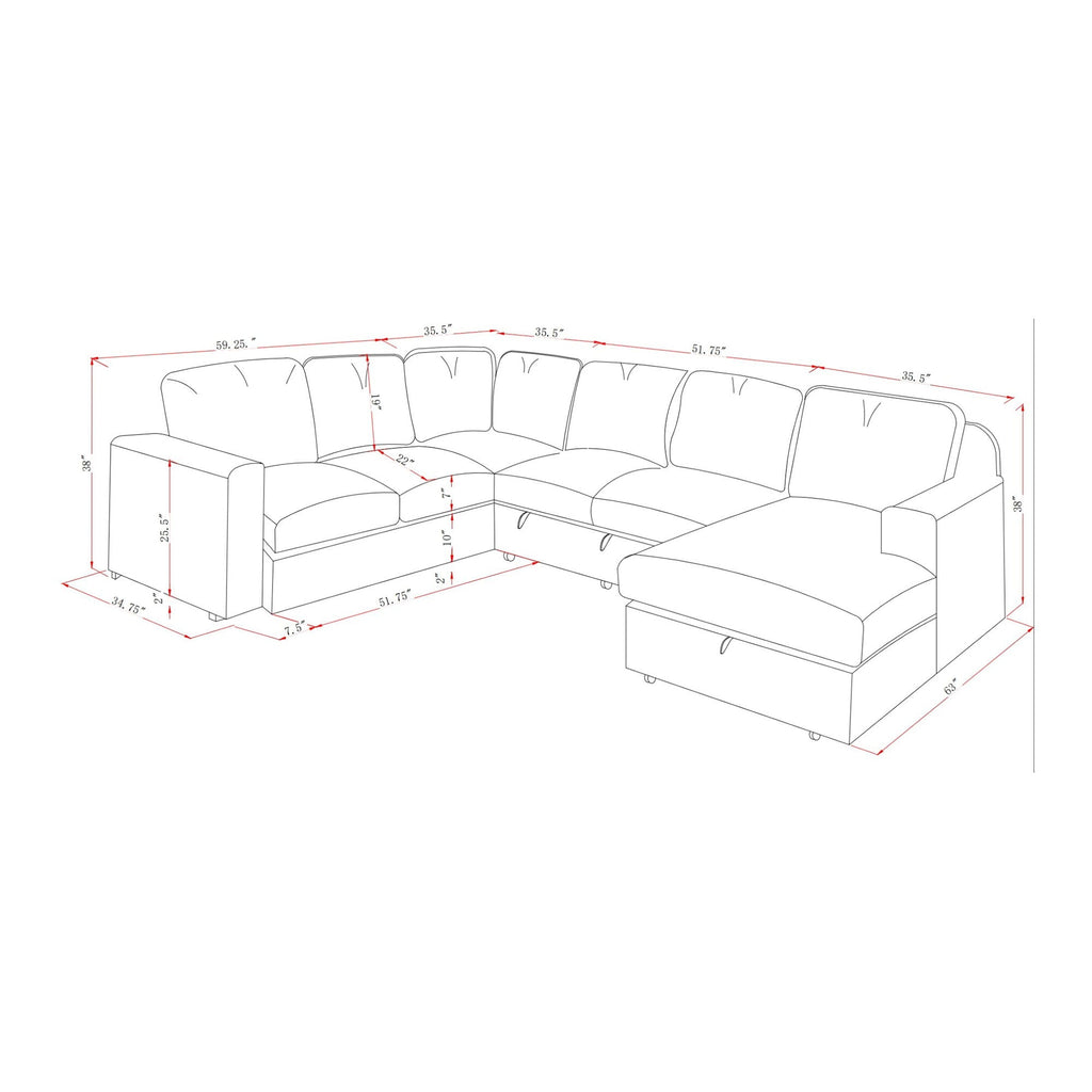 Sectional sofa dimension diagram with labeled measurements in red