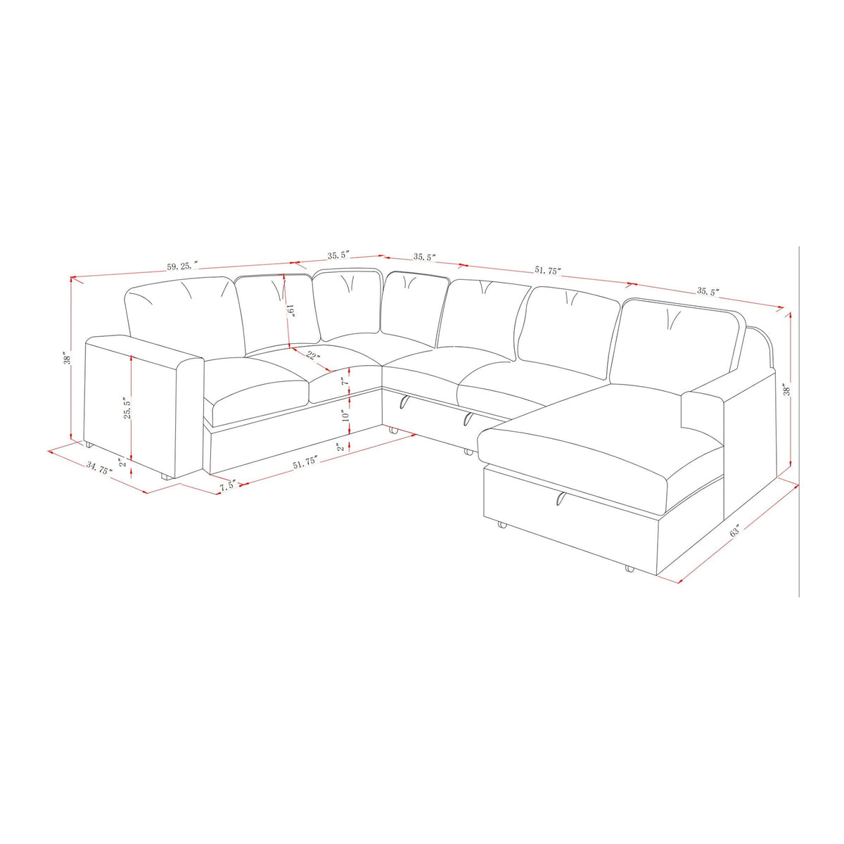 Sectional sofa dimension diagram with labeled measurements in red