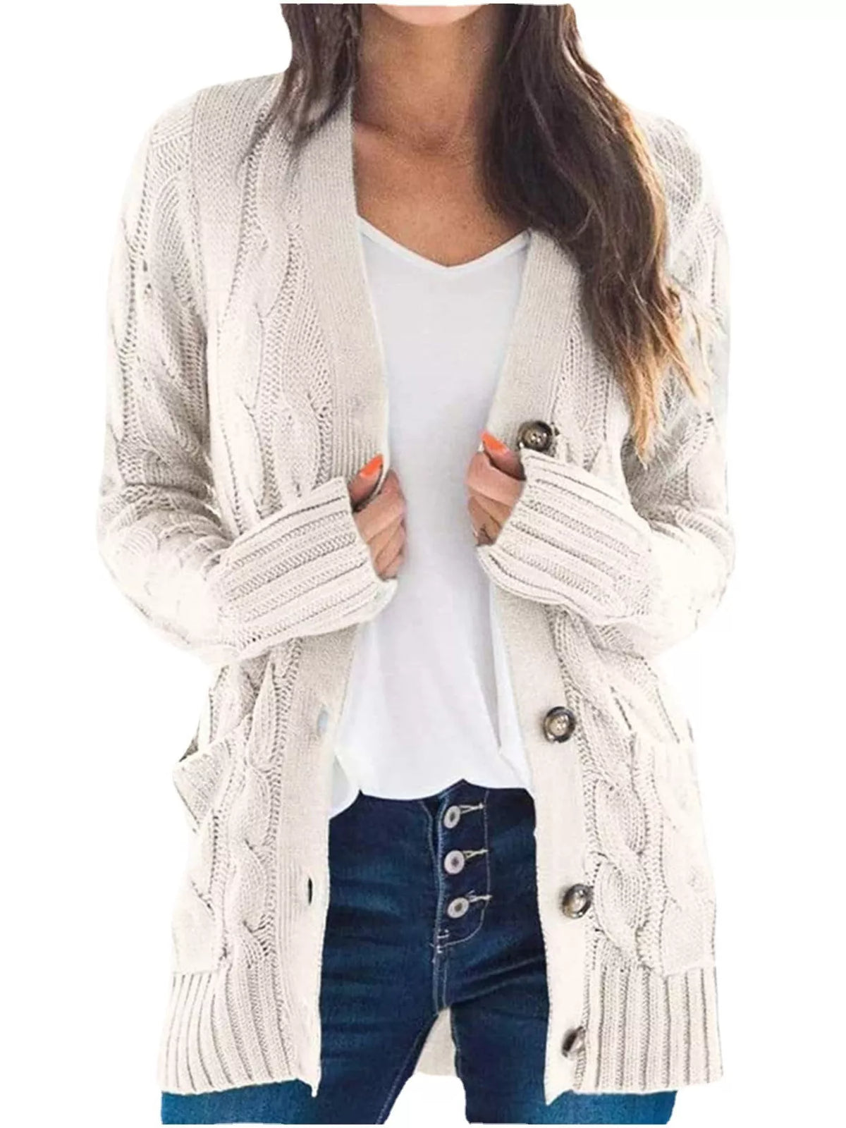 Cream chunky cable-knit button-front cardigan with long sleeves and ribbed cuffs