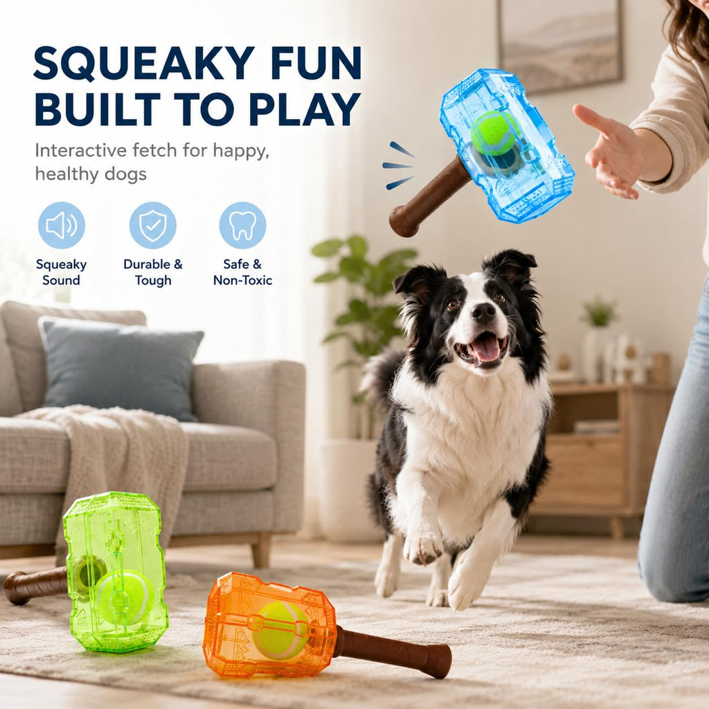 Blue interactive tennis ball bottle dog chew toy with brown handle and green ball