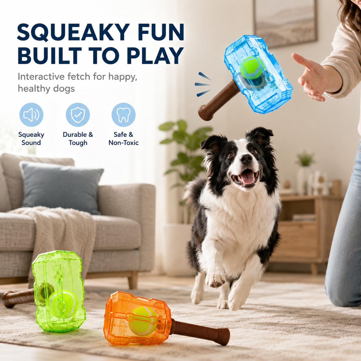 Blue interactive tennis ball bottle dog chew toy with brown handle and green ball