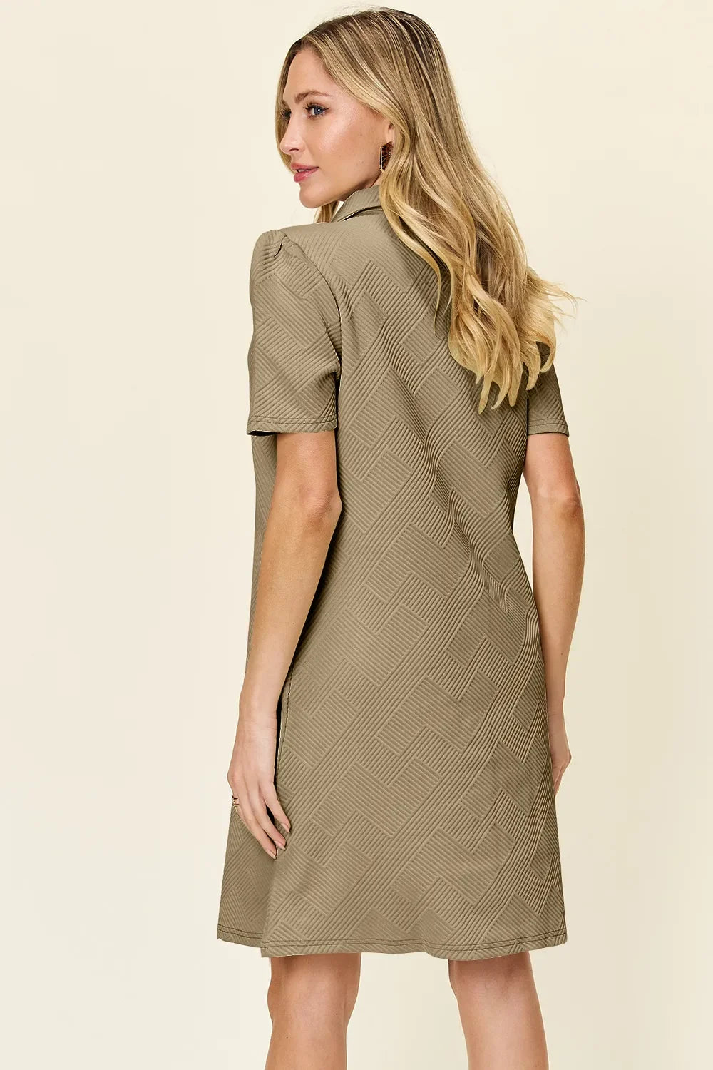 Khaki textured short-sleeve collared dress, back view with angled yoke seam