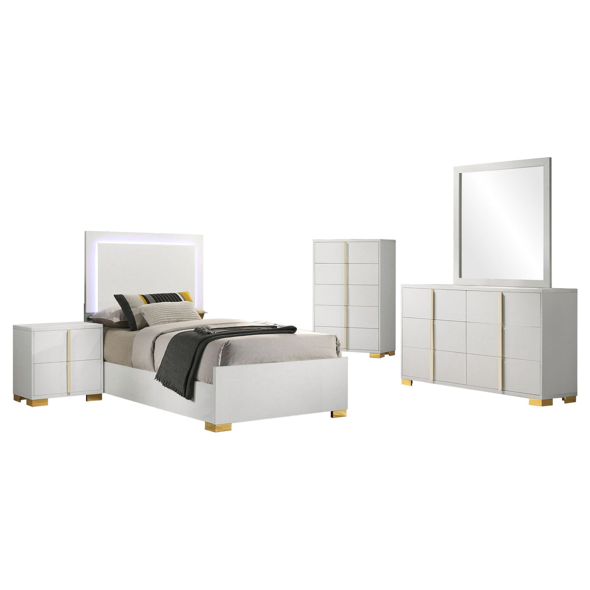 White twin bedroom set showing bed, two nightstands, dresser, and mirror