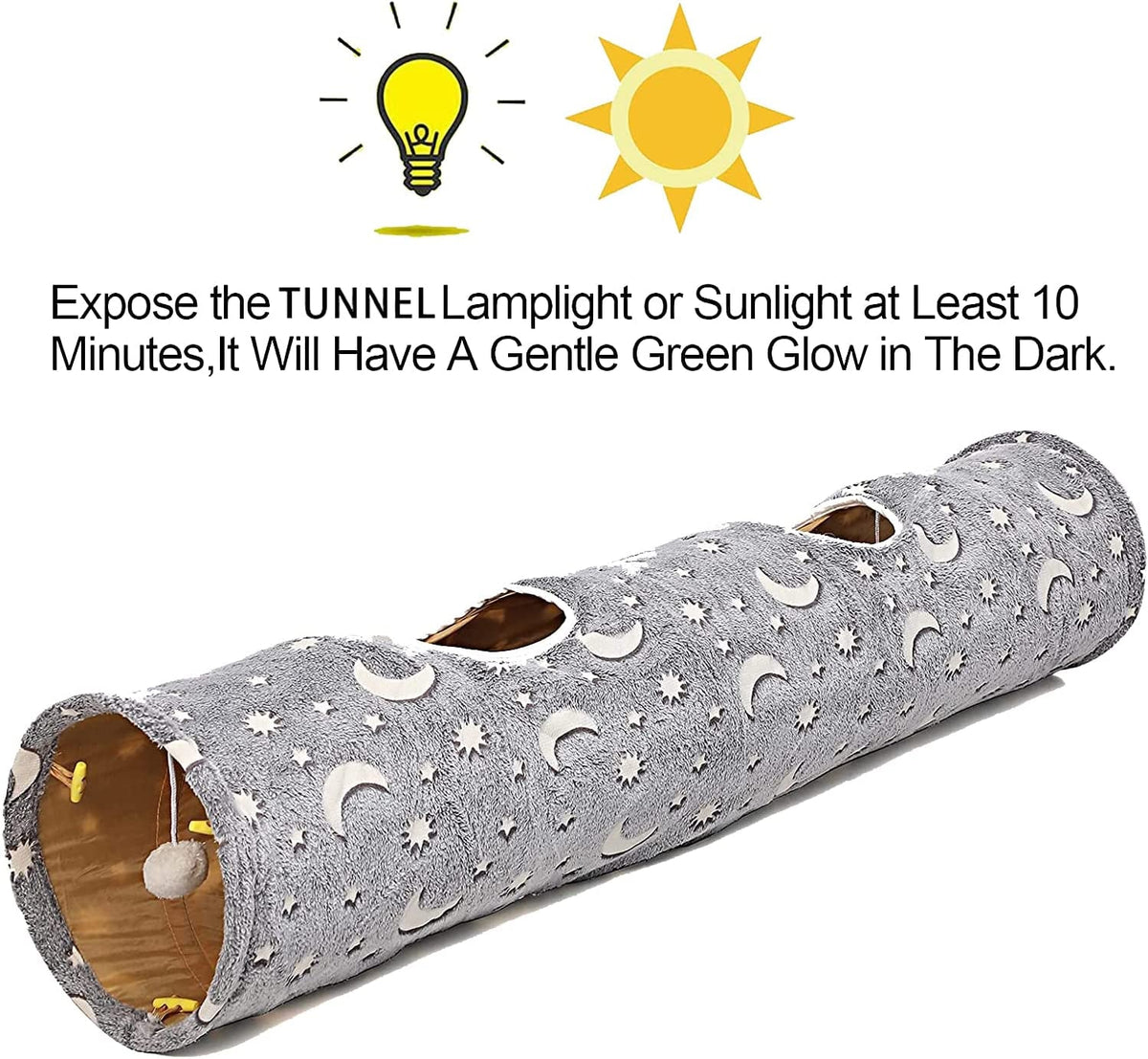 Gray cat tunnel with moon and star print, peek-through openings, and hanging plush ball