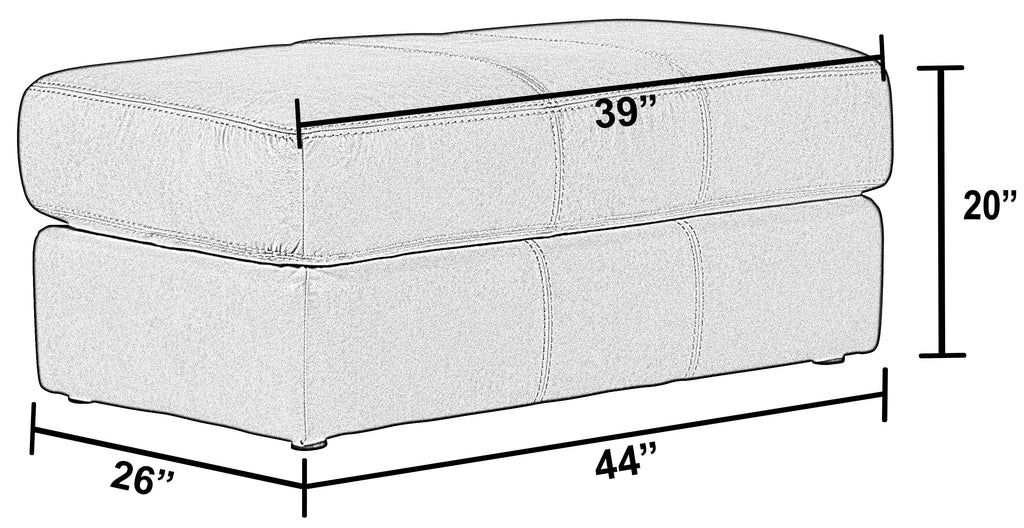 Putty fabric ottoman with size labels: 44x26x20in