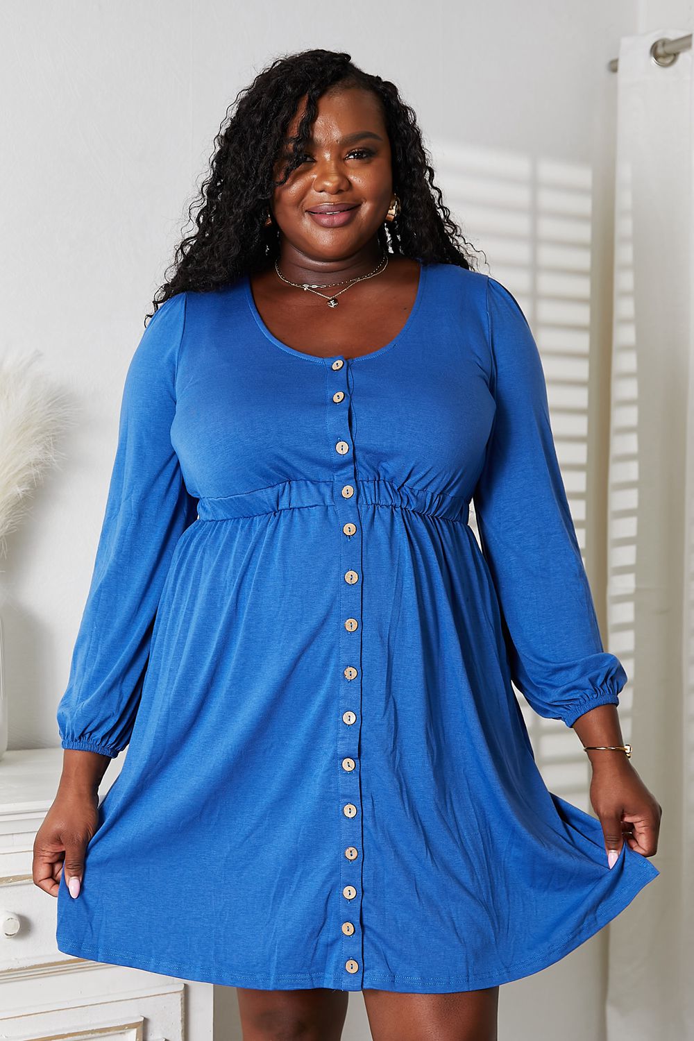 Royal blue scoop-neck empire waist button-front long-sleeve dress