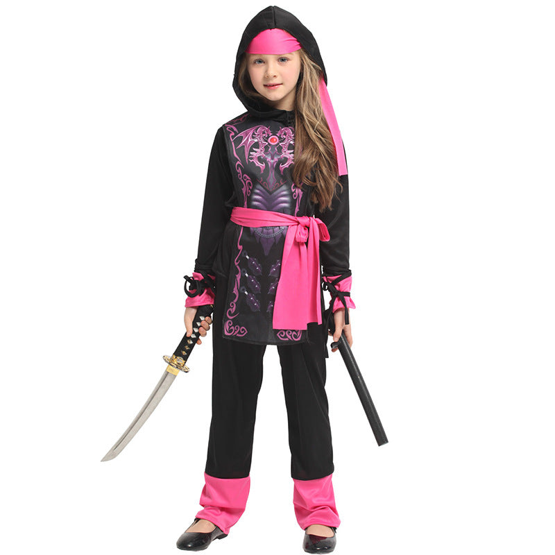 Kids' front-facing black samurai costume with pink sash, patterned tunic, sword