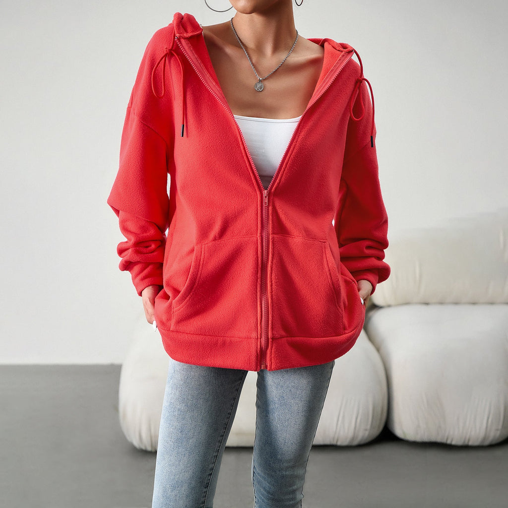 Red hooded zip-front cardigan jacket with drawstring hood and side pockets