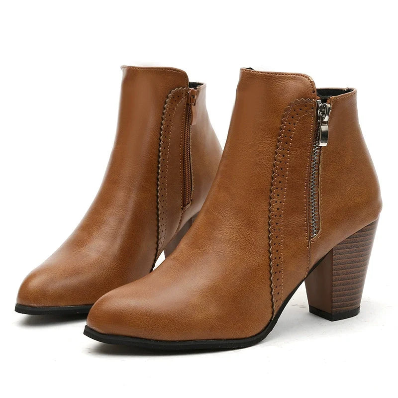 Caramel PU leather block heel ankle boots with side zipper, almond toe