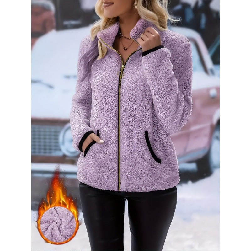 Lavender fleece zip-up cardigan with hood, front zipper, side pockets