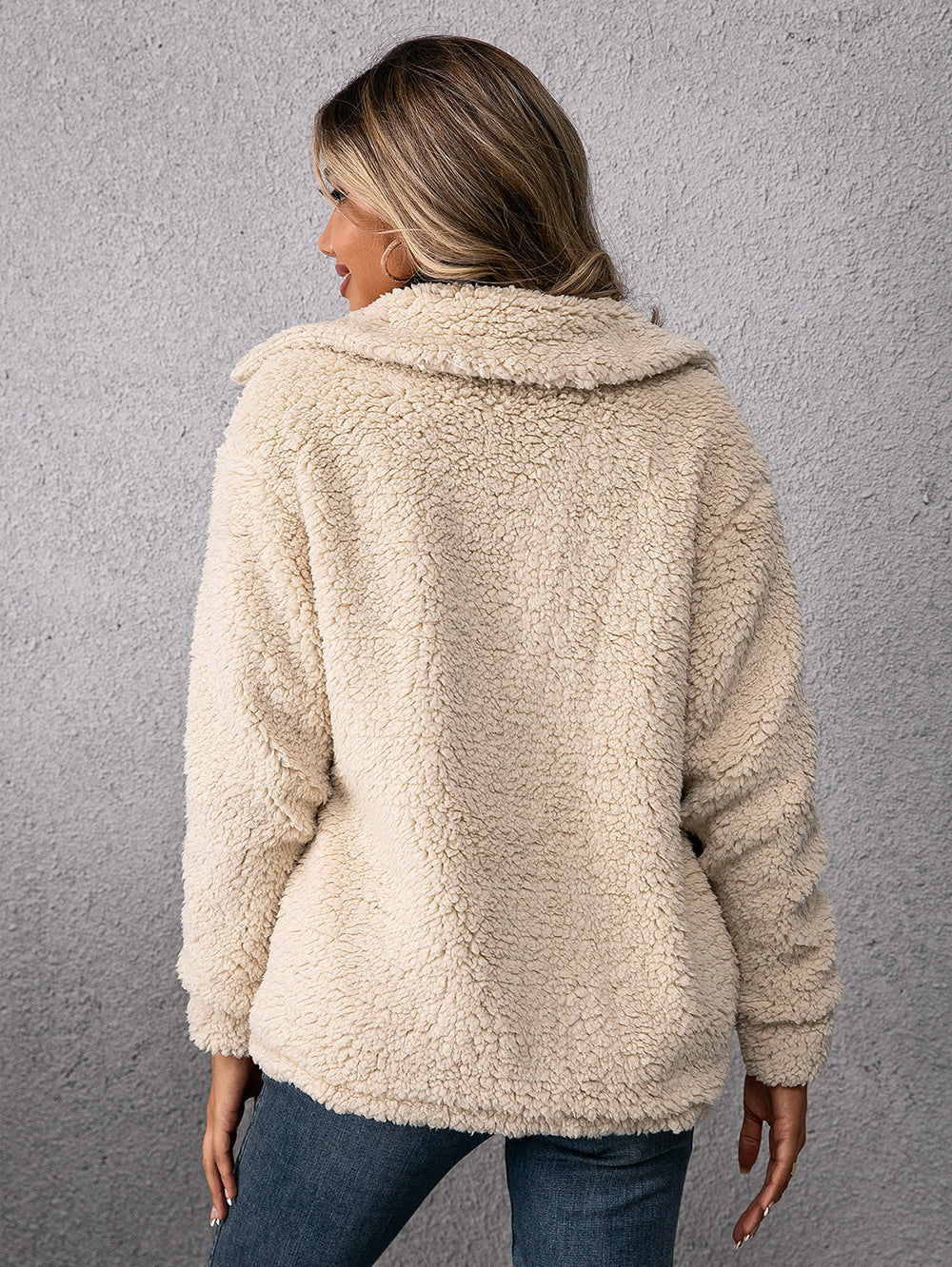 Apricot fleece button-up coat with lapels and back view; long sleeves