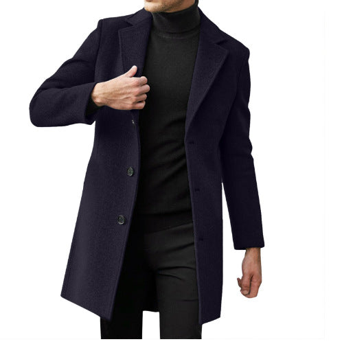Men's mid-length long-sleeve wool coat, navy blue with button front and notched lapels