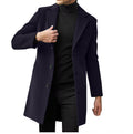 Men's mid-length long-sleeve wool coat, navy blue with button front and notched lapels