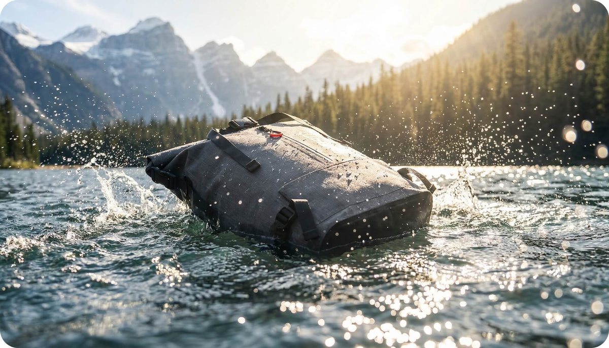 Gray waterproof 30L roll-top backpack floating in water, showing taped seams and roll closure