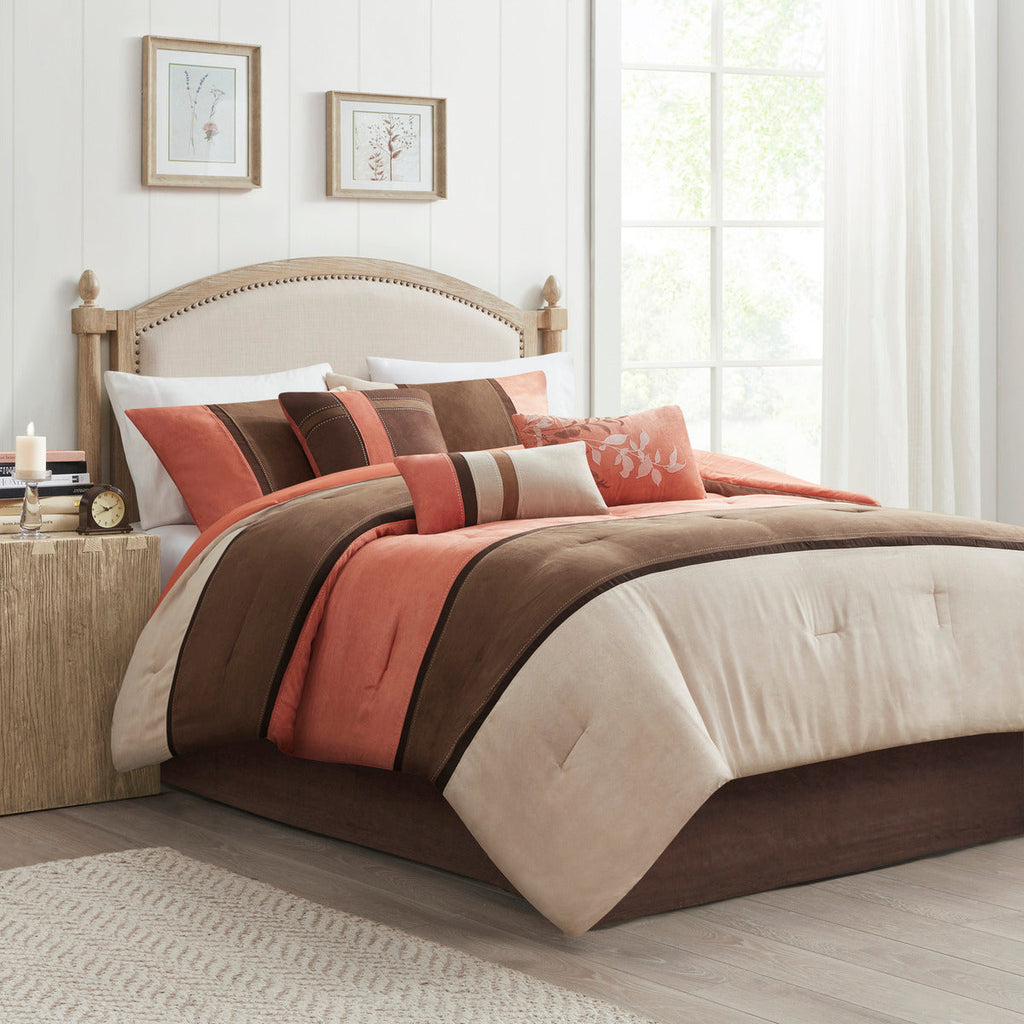 Queen faux suede comforter set in coral, brown, and cream with stitched trim