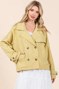 Yellow double-breasted trench coat jacket with flap pockets and cuffed sleeves
