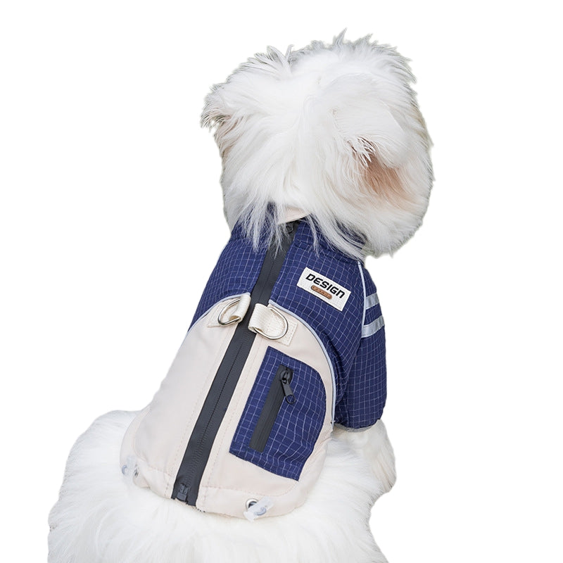 Blue and white checkered dog windbreaker coat with white hood and chest strap